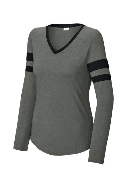 Ladies Halftime Stripe Long Sleeve V-Neck Tee