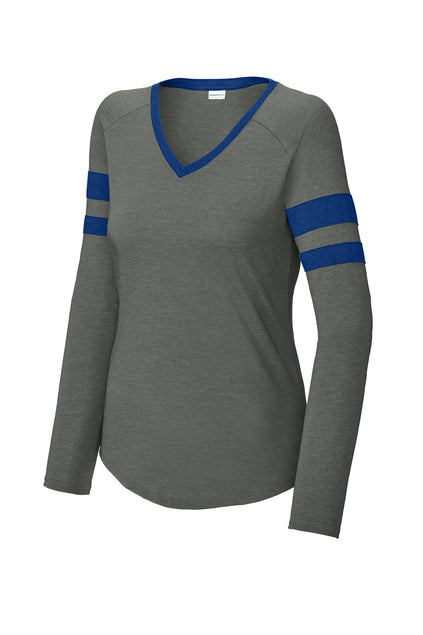 Ladies Halftime Stripe Long Sleeve V-Neck Tee