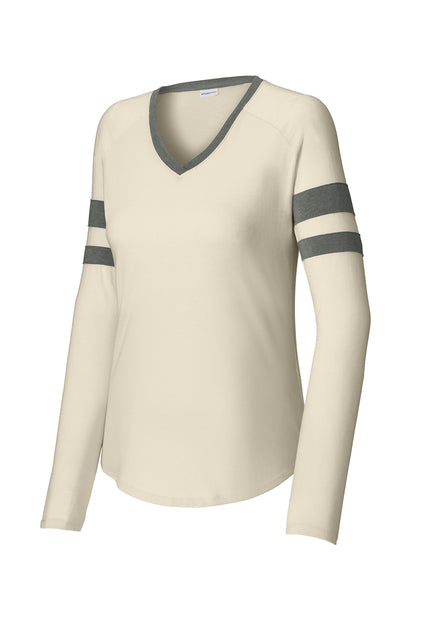 Ladies Halftime Stripe Long Sleeve V-Neck Tee