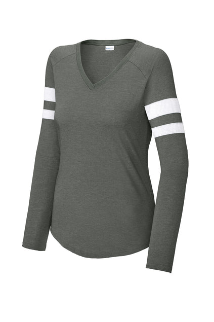 Ladies Halftime Stripe Long Sleeve V-Neck Tee