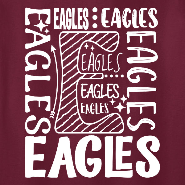 An elementary school design template for a t-shirt with a graphic of an eagle and the word 'Eagles' written above it, surrounded by the words 'Eagles' in smaller size and 'Eagles' again in a larger, bold font at the bottom.