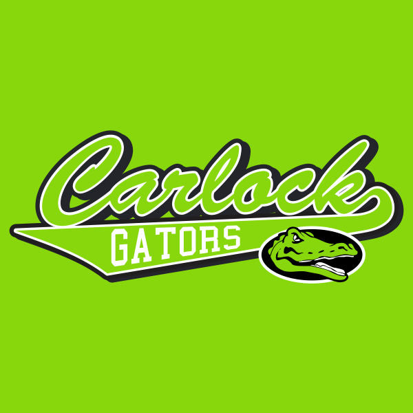 A graphic design featuring the word 'CARLOCK' in green and 'GATORS' in a script typeface, with an illustration of a gator in the center. Classic late nite baseball tail design.