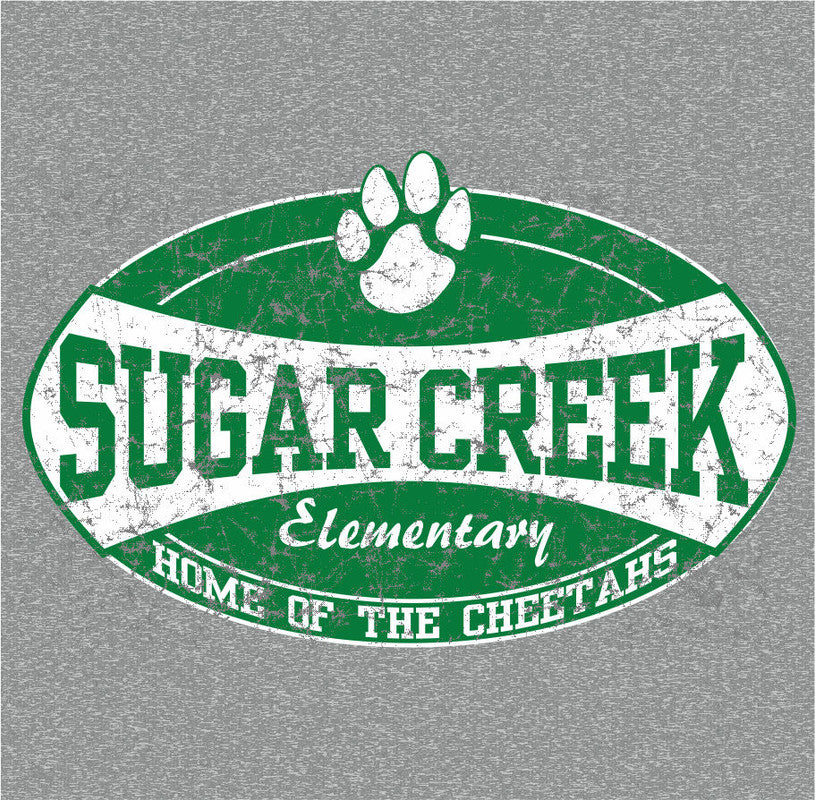A graphic design template for a school uniform with the text 'Sugar Creek Elementary', 'Home of the Cheetahs', and a paw print symbol.