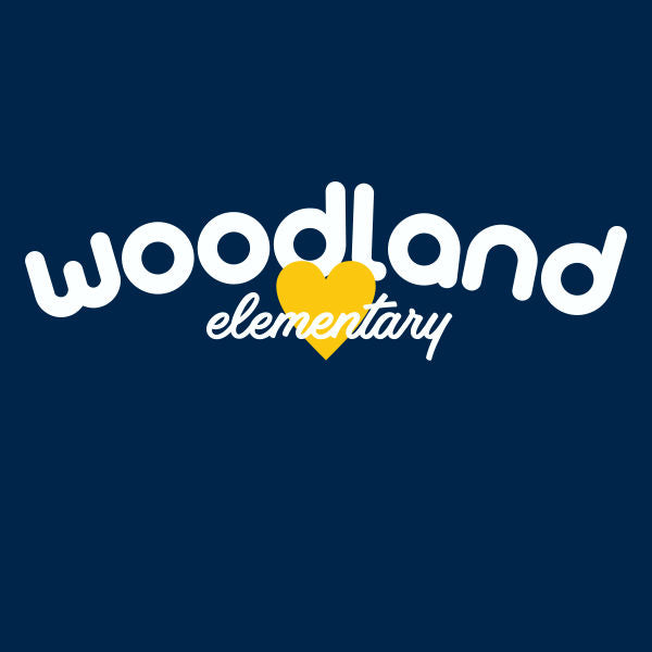 A logo design for Woodland Elementary, featuring a stylized 'W' in a heart shape, with the text 'Woodland Elementary' in a bold, white font on a blue background.