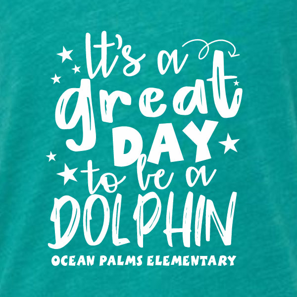 It's a great day to be a dolphin fun mascot shirt for elementary schools, middle schools and junior high featuring spirit and pride.