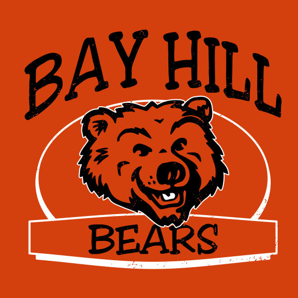 A front screen print design featuring a cartoon mascot bear's face and the text 'Bay Hill Bears' on an orange background.