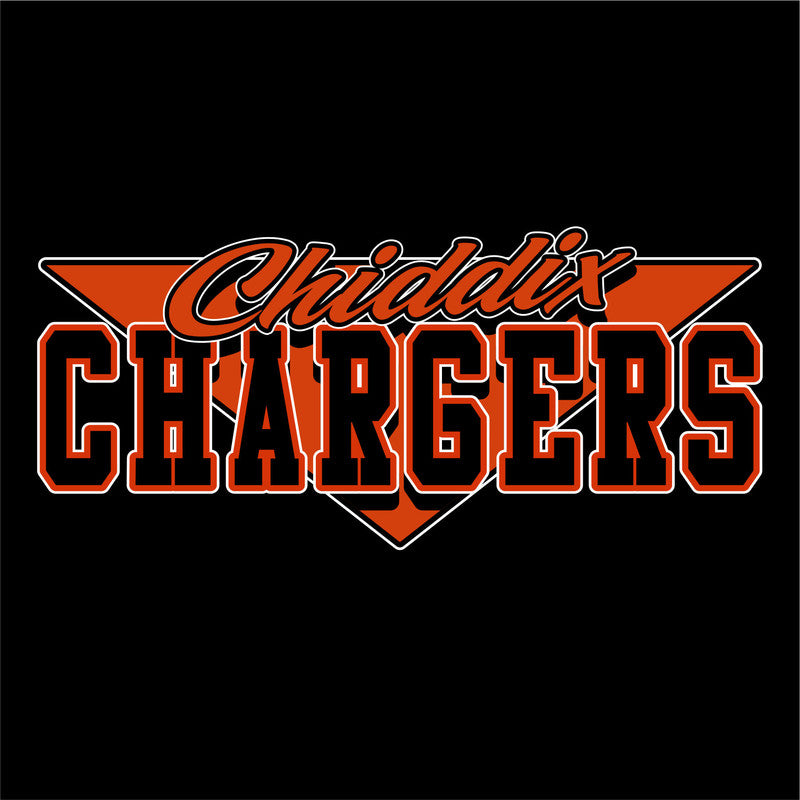 A design template for a school uniform with 'Chargers' text in orange and black colors on a white background.