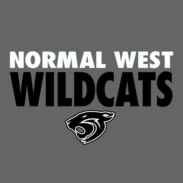 A design template for school spiritwear featuring the text 'NORMAL WEST WILDCATS' and a black and white mascot logo of a wildcat head