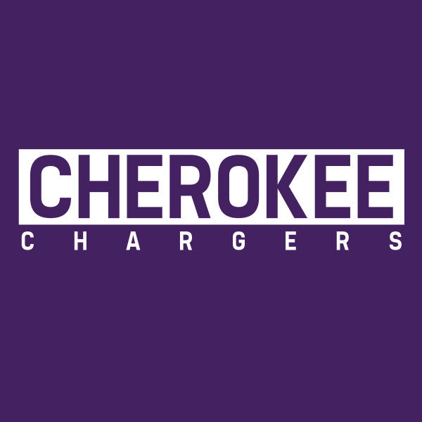 A custom varsity school spirit wear logo of a sports team with 'CHEROKEE CHARGERS' written in capital letters on a purple background.