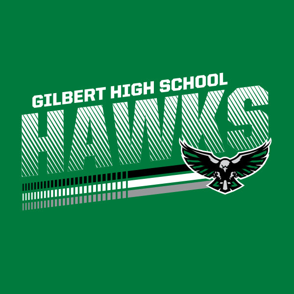 A spirit graphic design featuring the text 'Gilbert High School' and a stylized hawk illustration, predominantly in green and grey tones.