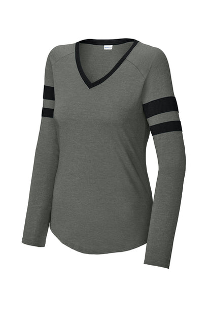 Ladies Halftime Stripe Long Sleeve V-Neck Tee