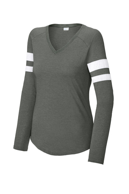 Ladies Halftime Stripe Long Sleeve V-Neck Tee