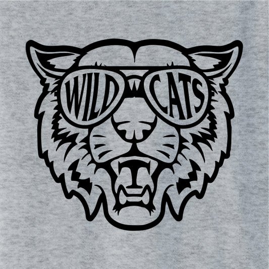 Black and white graphic design of a wilderness cat wearing sunglasses with the text 'Wildcats' above it perfect for schools and team pride