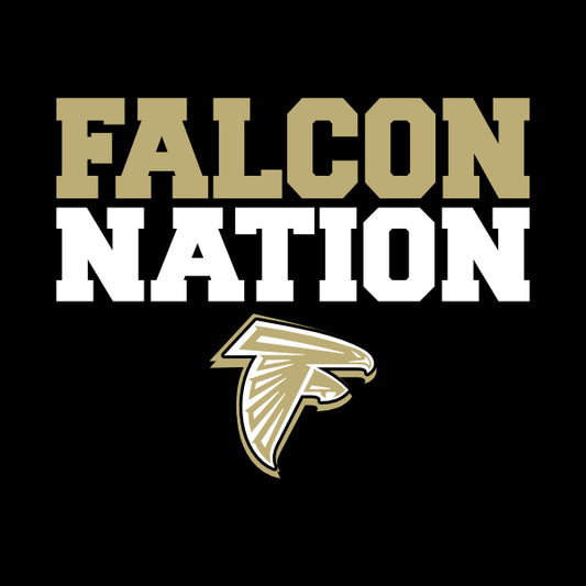 A design template for a screen print featuring the words 'FALCON NATION' and a falcon graphic in gold and white colors for schools, teams, sports.