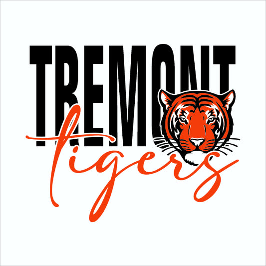 An elementary school graphic design featuring a tiger's face and the text 'TREMONT TIGERS' in orange and black colors.