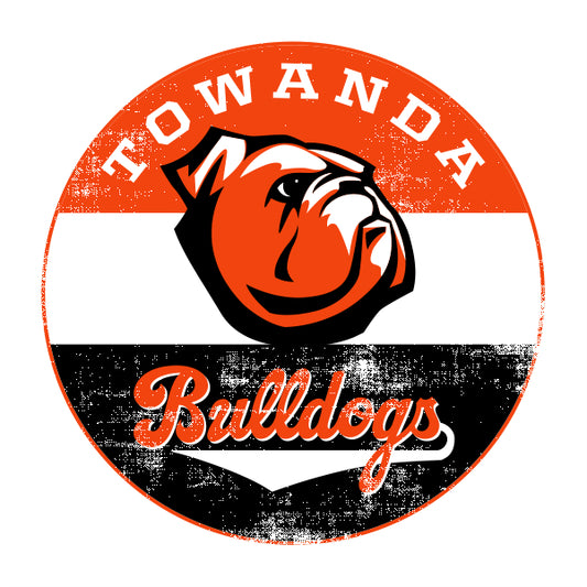 A circular design featuring a bulldog's face in the center, with the text 'TOWANDA' and 'Bulldogs' around it, and a pattern of horizontal stripes in different shades of orange and black for middle schools, elementary schools, junior and high schools.
