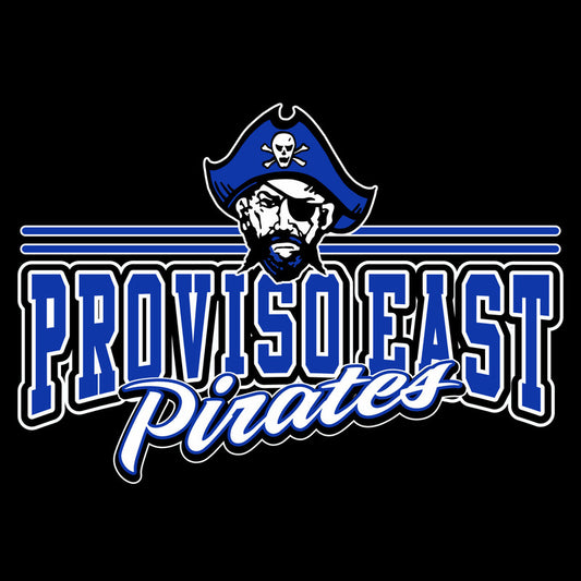 A graphic design template featuring a stylized text 'PROVISO EAST' with a pirate character and the word 'PIRATES' below it.