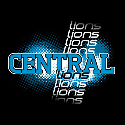 A team graphic design template with the words 'CENTRAL LIONS' in blue and black colors, with a stylized lion logo on the 'LIONS' letter.
