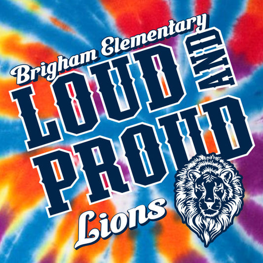 school spirit loud and proud bright tie-dye featuring lion mascot