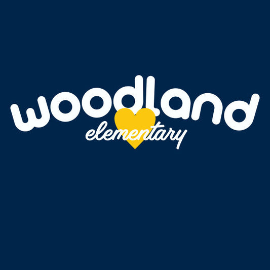 A logo design for Woodland Elementary, featuring a stylized 'W' in a heart shape, with the text 'Woodland Elementary' in a bold, white font on a blue background.