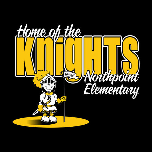 A graphic design featuring a cartoon knight character with a banner that reads 'HOME OF THE KNIGHTS NORTHPOINT ELEMENTARY' on a black background with yellow text.