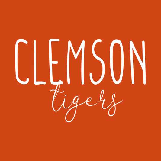 An image featuring the word 'CLEMSON' in white capital letters to the left of the word 'TIGERS' , all on an orange background, representing the Clemson Tigers logo.