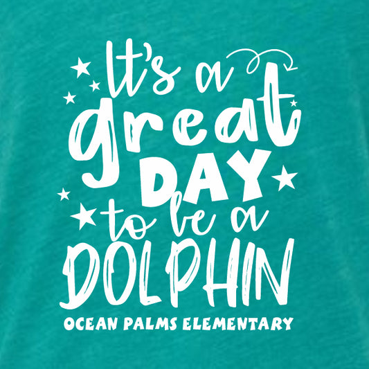 It's a great day to be a dolphin fun mascot shirt for elementary schools, middle schools and junior high featuring spirit and pride.