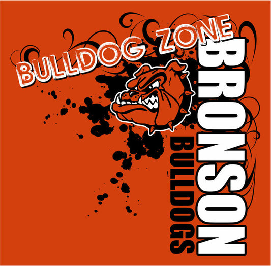 A graphic design featuring an angry bulldog's face, with the text 'BRONSON BULLDOGS' below it, all in a black, white, and orange color scheme.