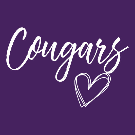 Cougars with a heart cute girls graphic design for school pride and spirit.  Scripty fond style on purple with white