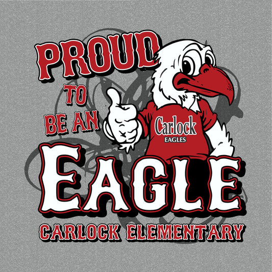 A graphic design featuring a cartoon eagle wearing a red shirt with the text 'CARLOCK EAGLES' and the phrase 'PROUD TO BE A Eagle' in bold letters. The background is grey with a dotted pattern.