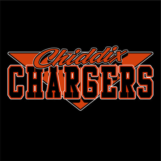 A design template for a school uniform with 'Chargers' text in orange and black colors on a white background.