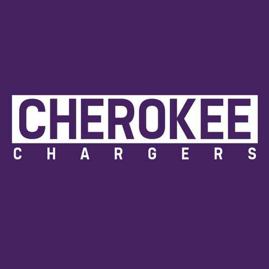 A custom varsity school spirit wear logo of a sports team with 'CHEROKEE CHARGERS' written in capital letters on a purple background.