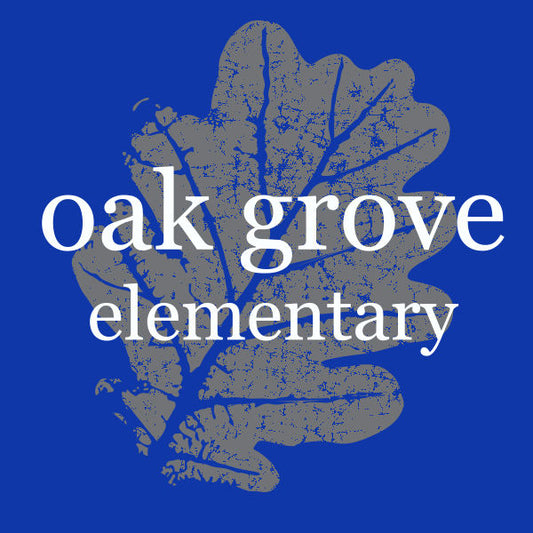 A design template for a school uniform with a leaf pattern and the text 'OAK GROVE ELEMENTARY'.