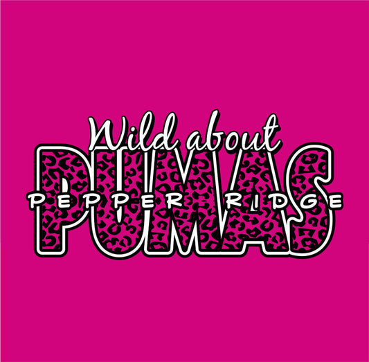 A pink t-shirt with the text 'Wild about Pumas' and a leopard print pattern inside the letters for Pepper Ridge Elementary School.