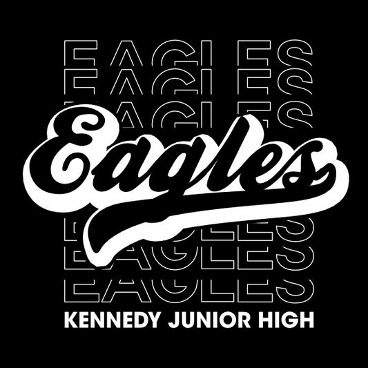 A design template for a spiritwear item featuring the word 'Eagles' in white font on a black background, with the word 'KENNEDY JUNIOR HIGH' below it.