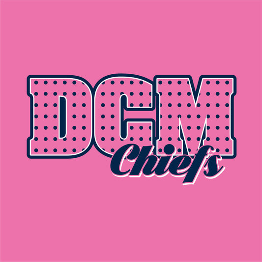 A design template for school spiritwear featuring a pink background with the text 'DCG CHIEFS' and a pattern of blue polka dots.