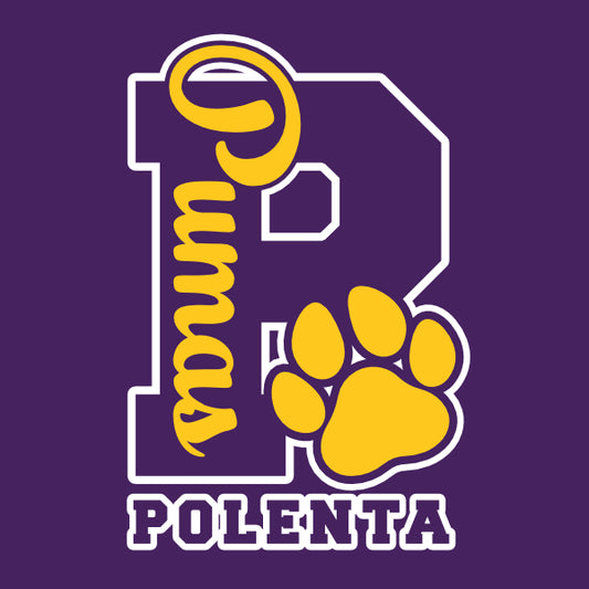 A logo design featuring the letter 'P' in yellow with a paw print in the center, on a purple background for schools and teams pride t-shirts, hoodies, sweatshirts, hats.