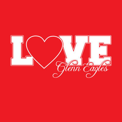 A red t-shirt design with the text 'Love' and 'Glen Eagles' on it.  Cute school spirit shirt for girls.